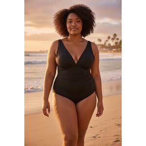 J. Crew Factory Ruched plunge one-piece swimsuit in black Plus Size women's 3X